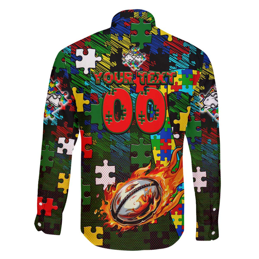 Rabbitohs Autism Awareness Family Matching Off The Shoulder Long Sleeve Dress and Hawaiian Shirt Puzzle Flames Rugby Ball