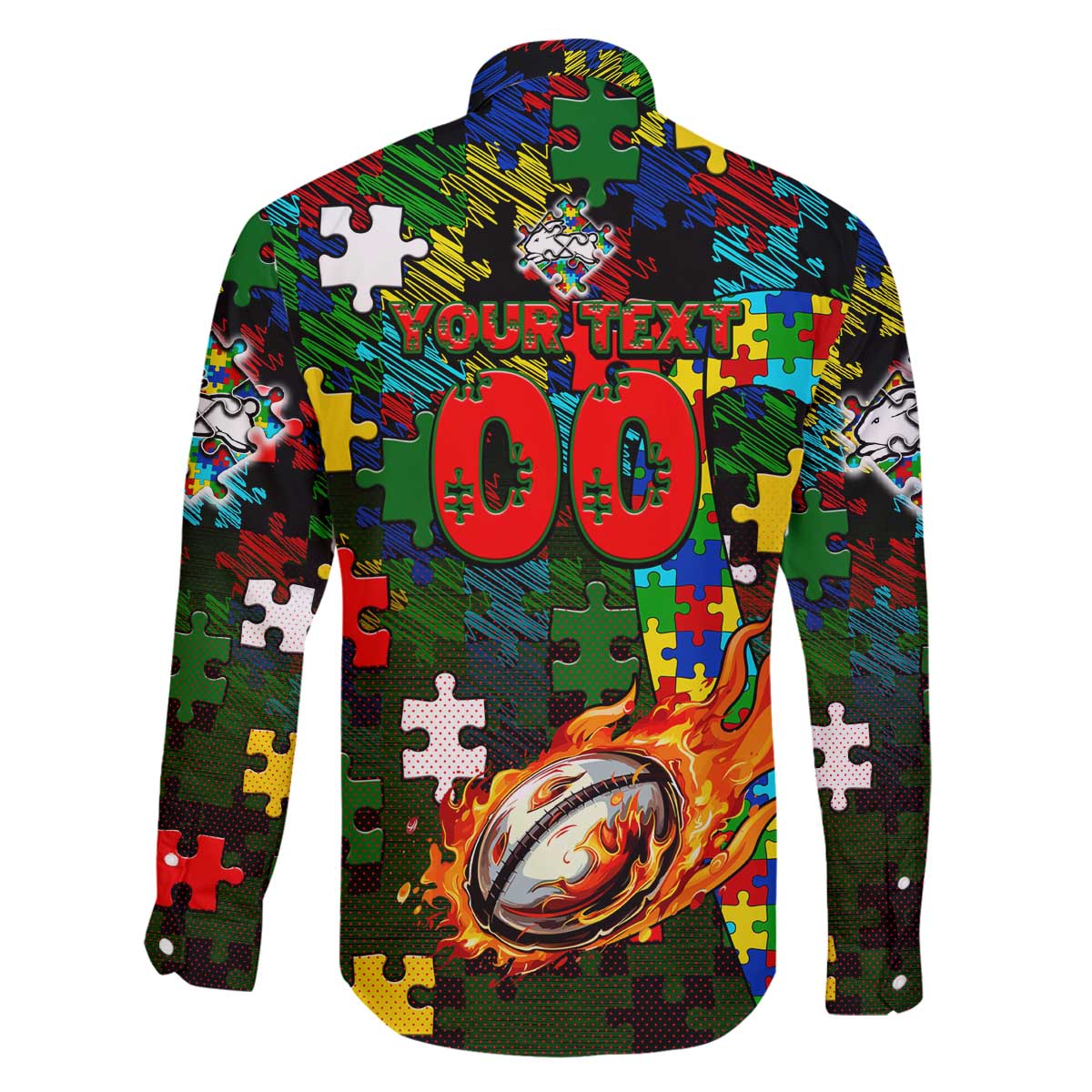 Rabbitohs Autism Awareness Family Matching Off The Shoulder Long Sleeve Dress and Hawaiian Shirt Puzzle Flames Rugby Ball