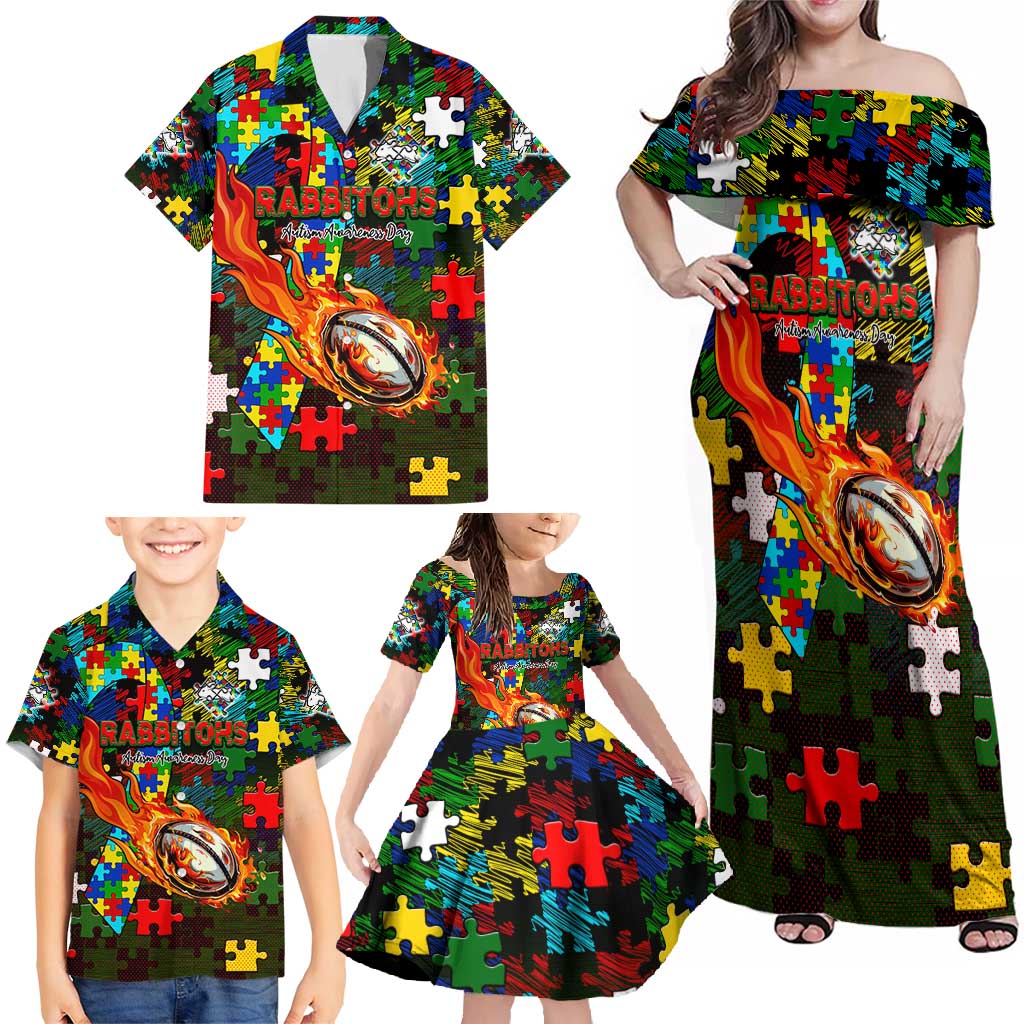 Rabbitohs Autism Awareness Family Matching Off Shoulder Maxi Dress and Hawaiian Shirt Puzzle Flames Rugby Ball