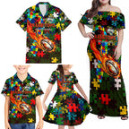 Rabbitohs Autism Awareness Family Matching Off Shoulder Maxi Dress and Hawaiian Shirt Puzzle Flames Rugby Ball