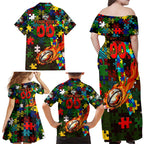 Rabbitohs Autism Awareness Family Matching Off Shoulder Maxi Dress and Hawaiian Shirt Puzzle Flames Rugby Ball