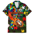 Rabbitohs Autism Awareness Family Matching Off Shoulder Maxi Dress and Hawaiian Shirt Puzzle Flames Rugby Ball