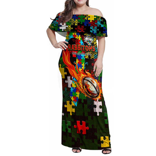 Rabbitohs Autism Awareness Family Matching Off Shoulder Maxi Dress and Hawaiian Shirt Puzzle Flames Rugby Ball