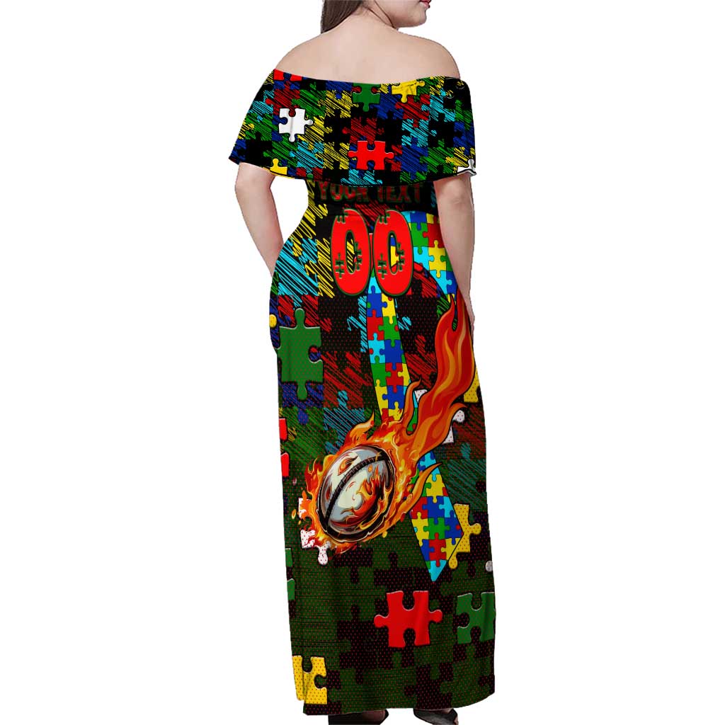 Rabbitohs Autism Awareness Family Matching Off Shoulder Maxi Dress and Hawaiian Shirt Puzzle Flames Rugby Ball