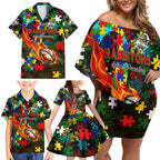 Rabbitohs Autism Awareness Family Matching Off Shoulder Short Dress and Hawaiian Shirt Puzzle Flames Rugby Ball