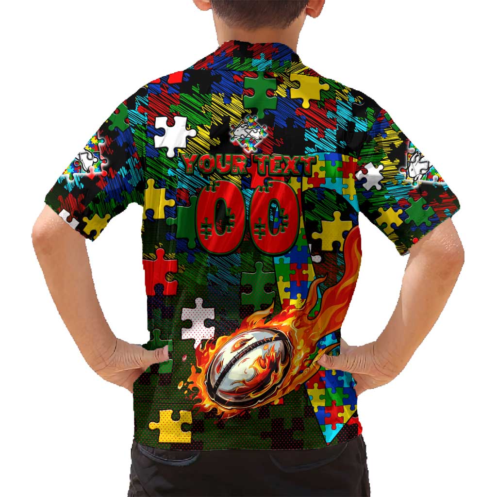 Rabbitohs Autism Awareness Family Matching Off Shoulder Short Dress and Hawaiian Shirt Puzzle Flames Rugby Ball