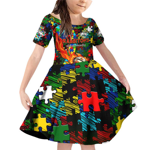 Rabbitohs Autism Awareness Family Matching Off Shoulder Short Dress and Hawaiian Shirt Puzzle Flames Rugby Ball