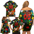 Rabbitohs Autism Awareness Family Matching Off Shoulder Short Dress and Hawaiian Shirt Puzzle Flames Rugby Ball