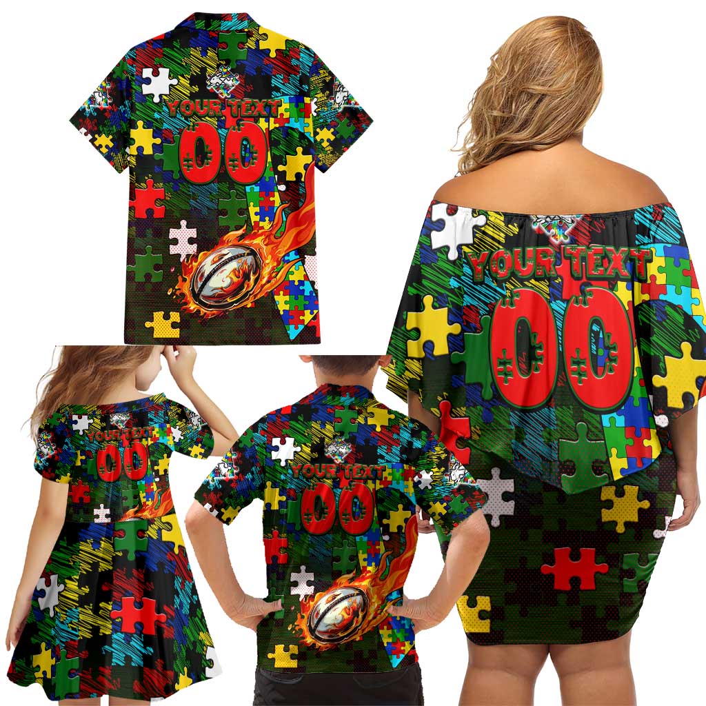 Rabbitohs Autism Awareness Family Matching Off Shoulder Short Dress and Hawaiian Shirt Puzzle Flames Rugby Ball