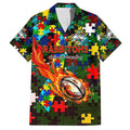Rabbitohs Autism Awareness Family Matching Off Shoulder Short Dress and Hawaiian Shirt Puzzle Flames Rugby Ball