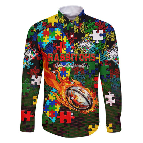 Rabbitohs Autism Awareness Family Matching Off Shoulder Short Dress and Hawaiian Shirt Puzzle Flames Rugby Ball