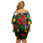 Rabbitohs Autism Awareness Family Matching Off Shoulder Short Dress and Hawaiian Shirt Puzzle Flames Rugby Ball