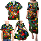 Rabbitohs Autism Awareness Family Matching Puletasi and Hawaiian Shirt Puzzle Flames Rugby Ball