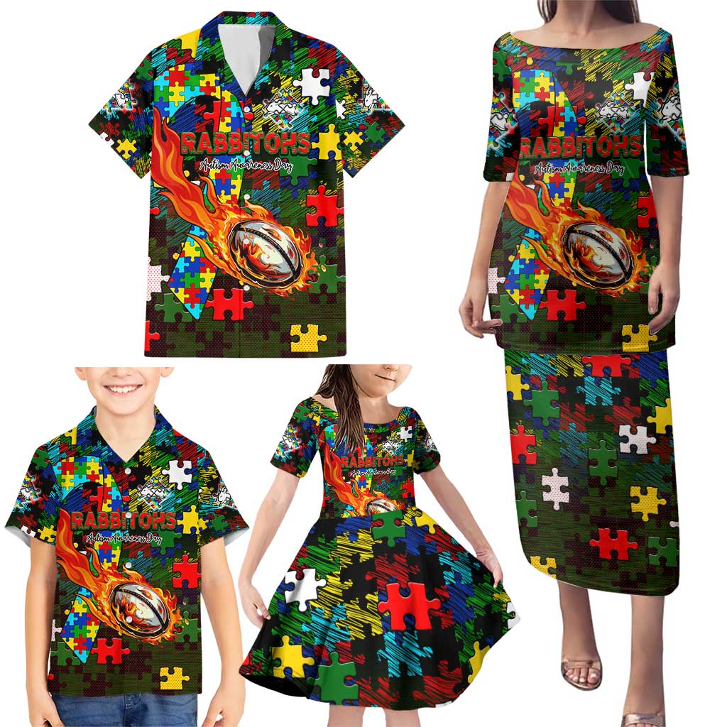 Rabbitohs Autism Awareness Family Matching Puletasi and Hawaiian Shirt Puzzle Flames Rugby Ball
