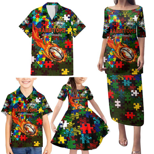 Rabbitohs Autism Awareness Family Matching Puletasi and Hawaiian Shirt Puzzle Flames Rugby Ball