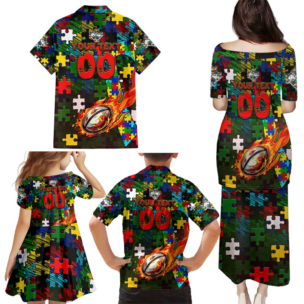 Rabbitohs Autism Awareness Family Matching Puletasi and Hawaiian Shirt Puzzle Flames Rugby Ball