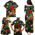 Rabbitohs Autism Awareness Family Matching Puletasi and Hawaiian Shirt Puzzle Flames Rugby Ball