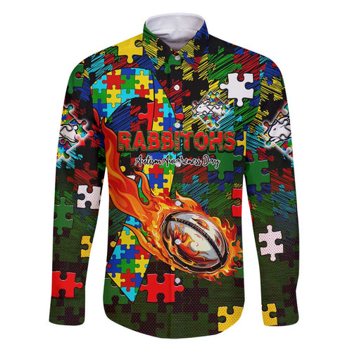Rabbitohs Autism Awareness Family Matching Puletasi and Hawaiian Shirt Puzzle Flames Rugby Ball