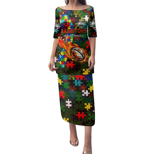 Rabbitohs Autism Awareness Family Matching Puletasi and Hawaiian Shirt Puzzle Flames Rugby Ball