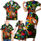 Rabbitohs Autism Awareness Family Matching Short Sleeve Bodycon Dress and Hawaiian Shirt Puzzle Flames Rugby Ball
