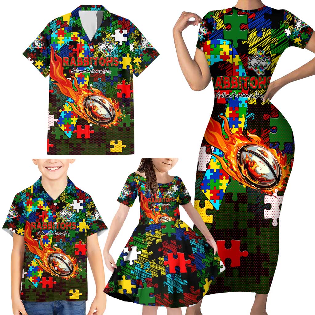 Rabbitohs Autism Awareness Family Matching Short Sleeve Bodycon Dress and Hawaiian Shirt Puzzle Flames Rugby Ball