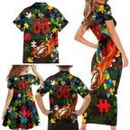Rabbitohs Autism Awareness Family Matching Short Sleeve Bodycon Dress and Hawaiian Shirt Puzzle Flames Rugby Ball