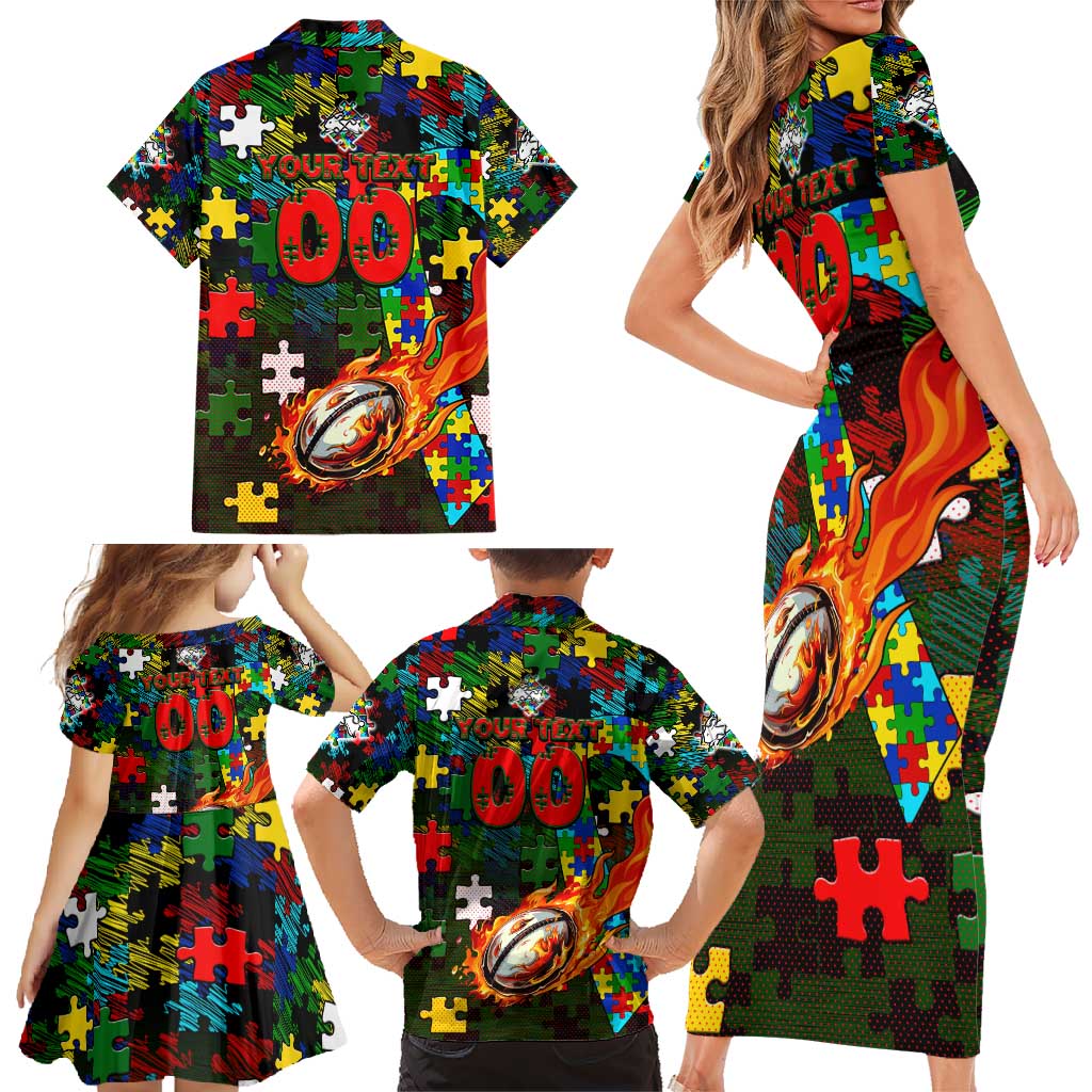 Rabbitohs Autism Awareness Family Matching Short Sleeve Bodycon Dress and Hawaiian Shirt Puzzle Flames Rugby Ball