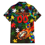 Rabbitohs Autism Awareness Family Matching Short Sleeve Bodycon Dress and Hawaiian Shirt Puzzle Flames Rugby Ball