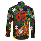 Rabbitohs Autism Awareness Family Matching Short Sleeve Bodycon Dress and Hawaiian Shirt Puzzle Flames Rugby Ball