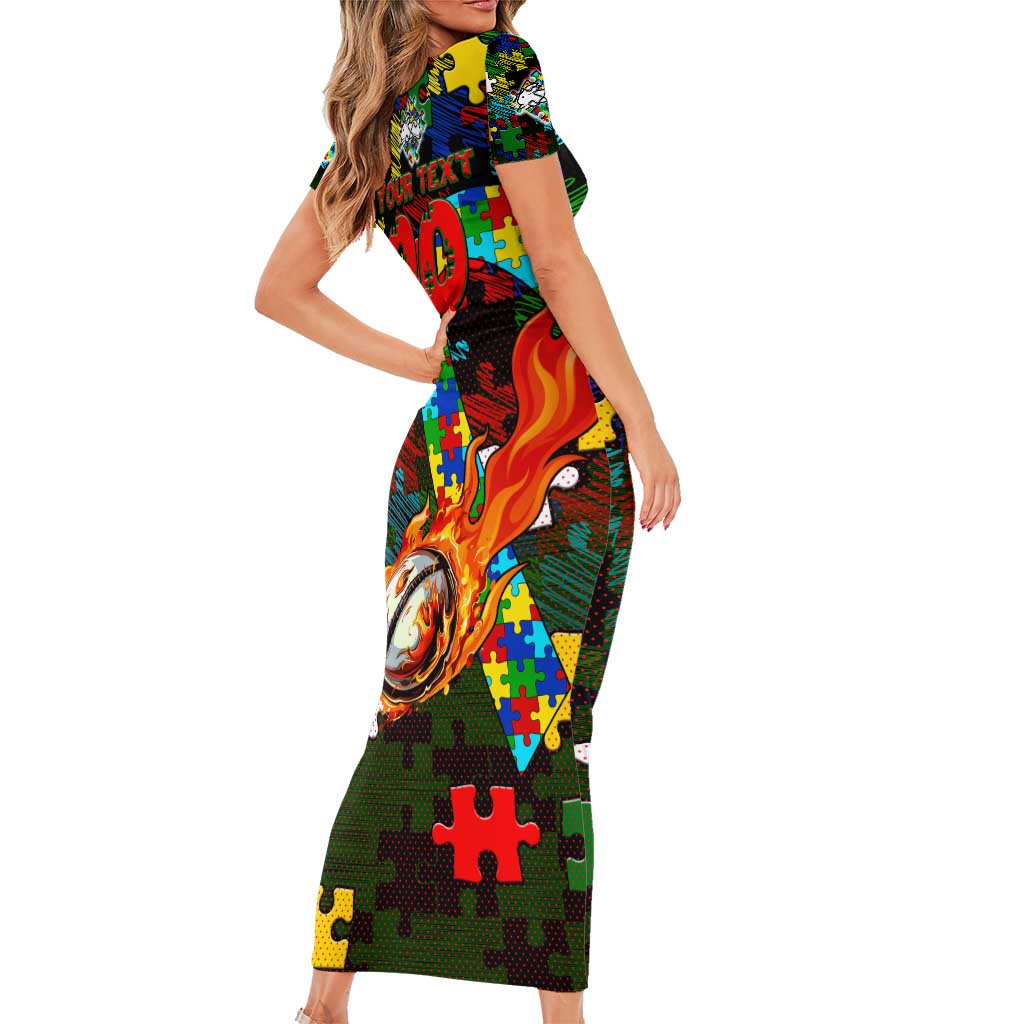 Rabbitohs Autism Awareness Family Matching Short Sleeve Bodycon Dress and Hawaiian Shirt Puzzle Flames Rugby Ball