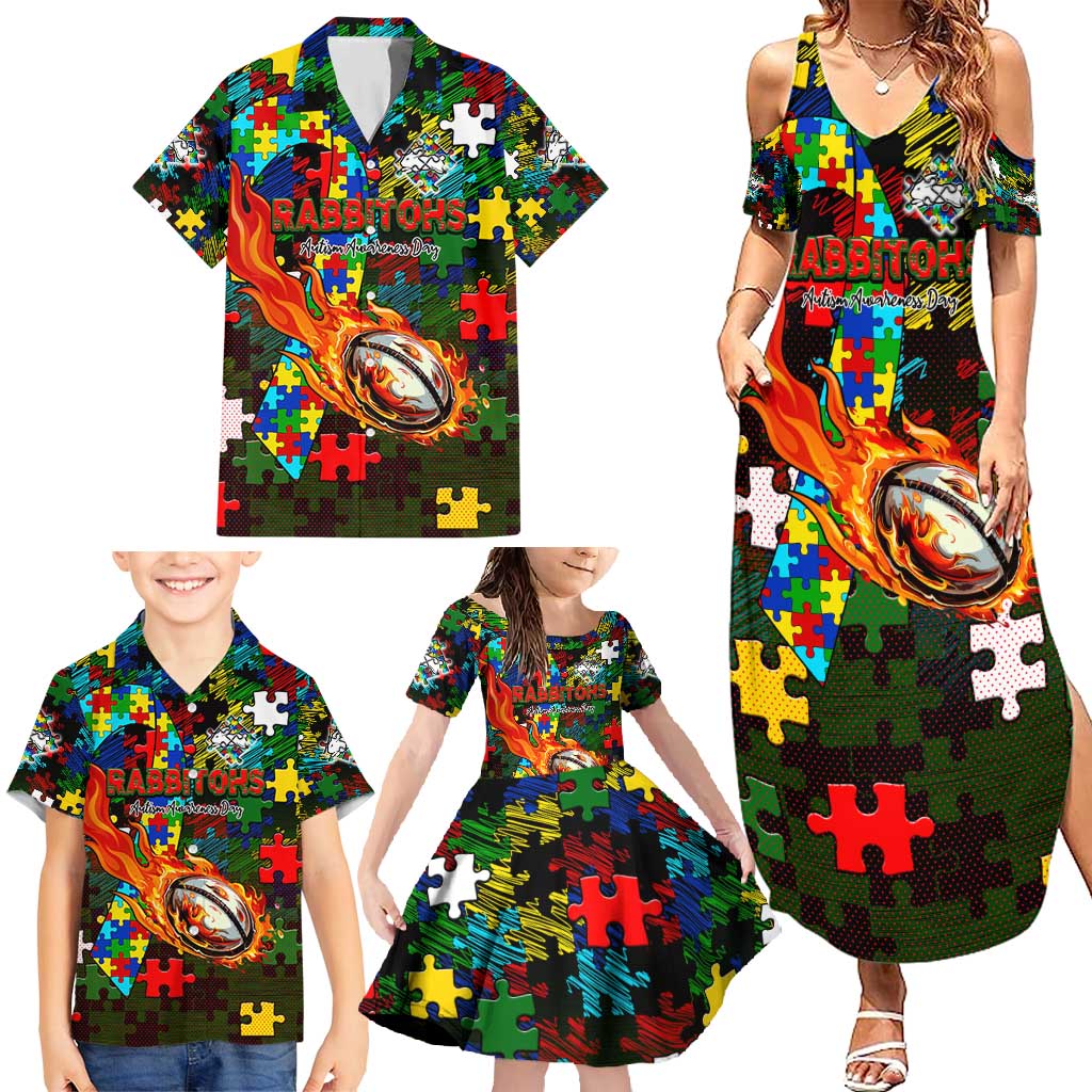 Rabbitohs Autism Awareness Family Matching Summer Maxi Dress and Hawaiian Shirt Puzzle Flames Rugby Ball