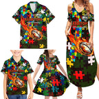 Rabbitohs Autism Awareness Family Matching Summer Maxi Dress and Hawaiian Shirt Puzzle Flames Rugby Ball