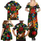 Rabbitohs Autism Awareness Family Matching Summer Maxi Dress and Hawaiian Shirt Puzzle Flames Rugby Ball