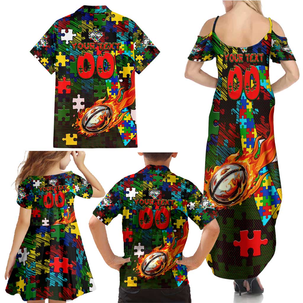 Rabbitohs Autism Awareness Family Matching Summer Maxi Dress and Hawaiian Shirt Puzzle Flames Rugby Ball