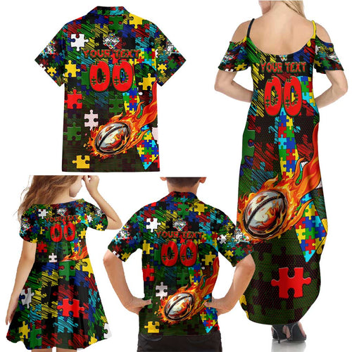 Rabbitohs Autism Awareness Family Matching Summer Maxi Dress and Hawaiian Shirt Puzzle Flames Rugby Ball