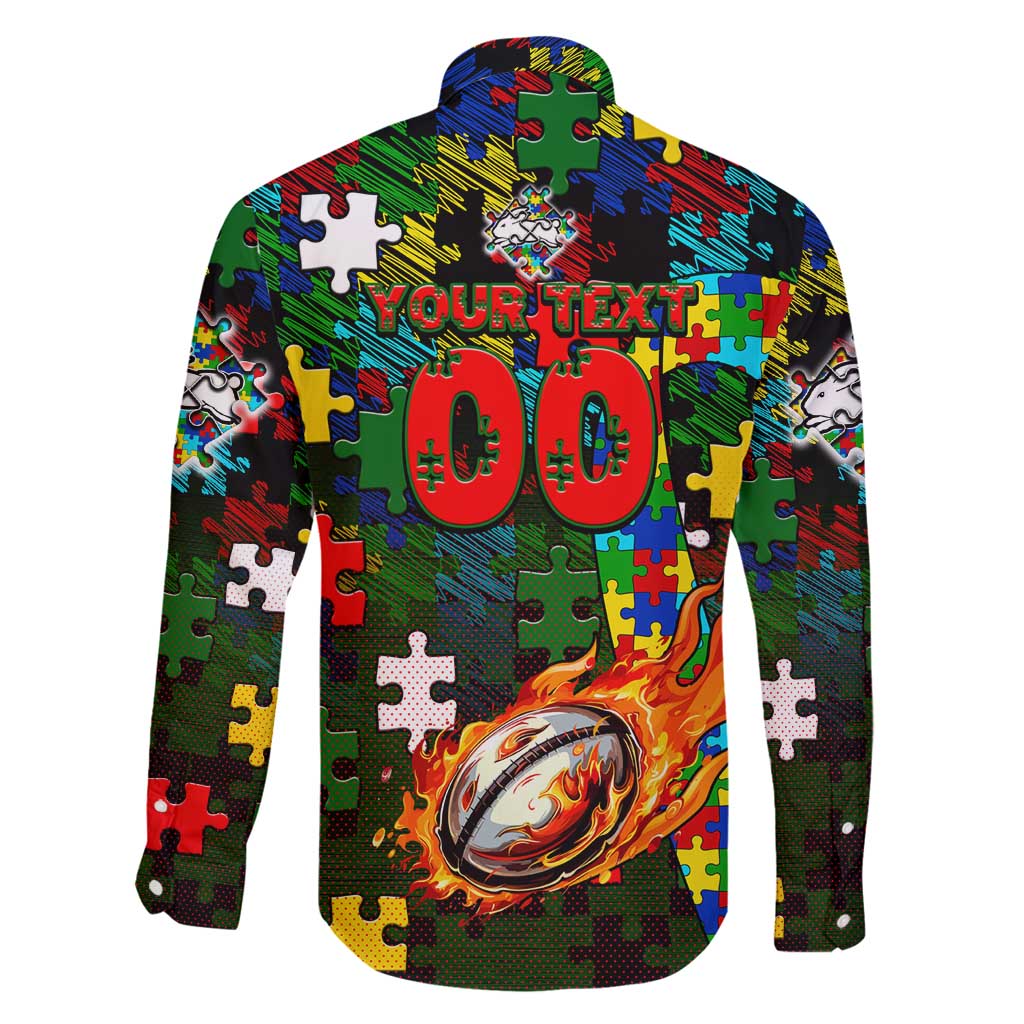 Rabbitohs Autism Awareness Family Matching Summer Maxi Dress and Hawaiian Shirt Puzzle Flames Rugby Ball