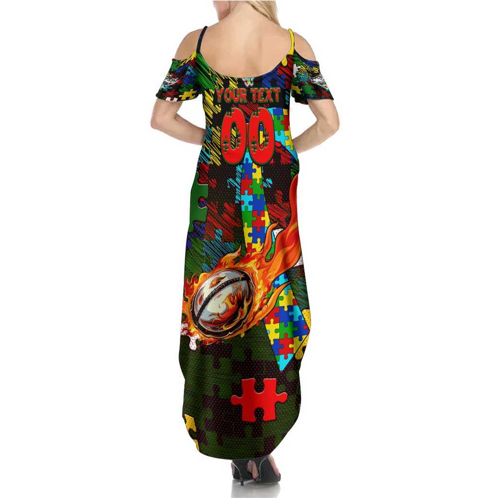 Rabbitohs Autism Awareness Family Matching Summer Maxi Dress and Hawaiian Shirt Puzzle Flames Rugby Ball