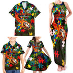 Rabbitohs Autism Awareness Family Matching Tank Maxi Dress and Hawaiian Shirt Puzzle Flames Rugby Ball