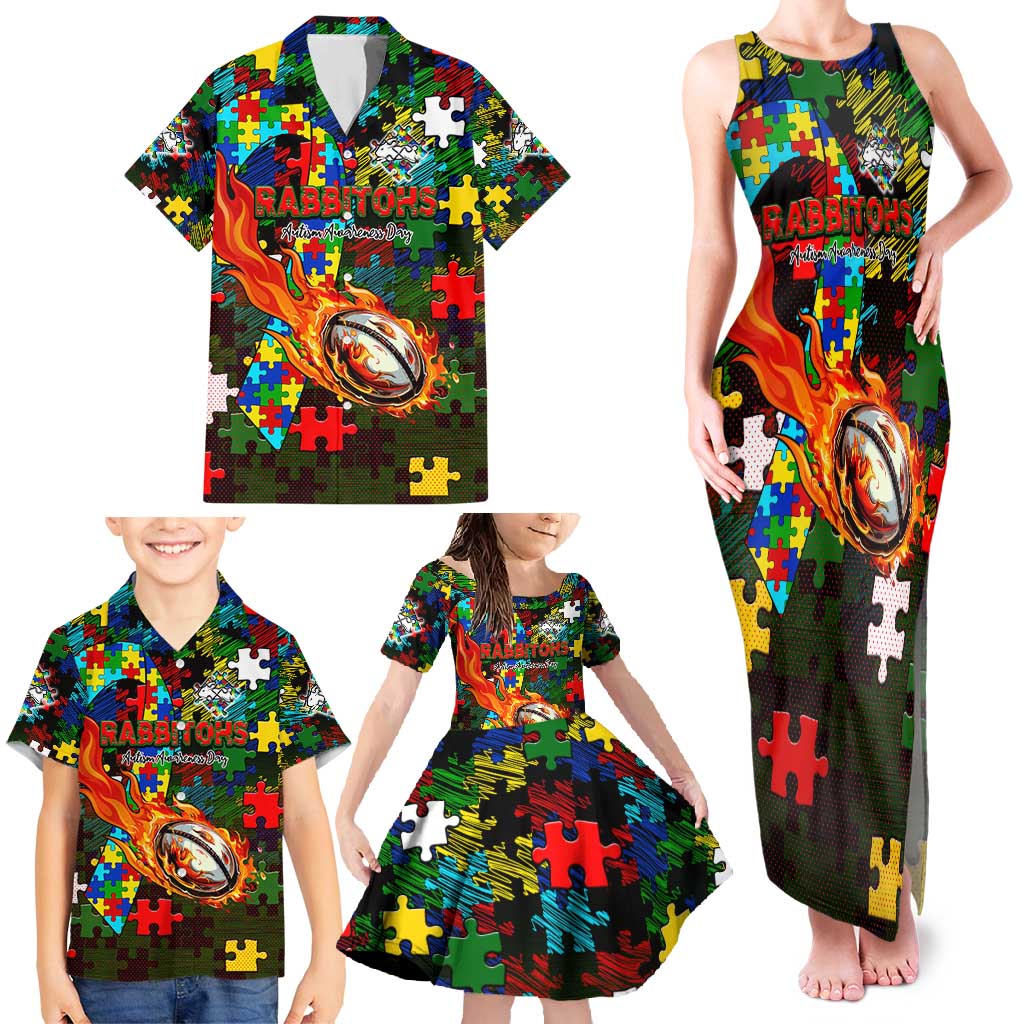 Rabbitohs Autism Awareness Family Matching Tank Maxi Dress and Hawaiian Shirt Puzzle Flames Rugby Ball