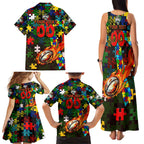 Rabbitohs Autism Awareness Family Matching Tank Maxi Dress and Hawaiian Shirt Puzzle Flames Rugby Ball