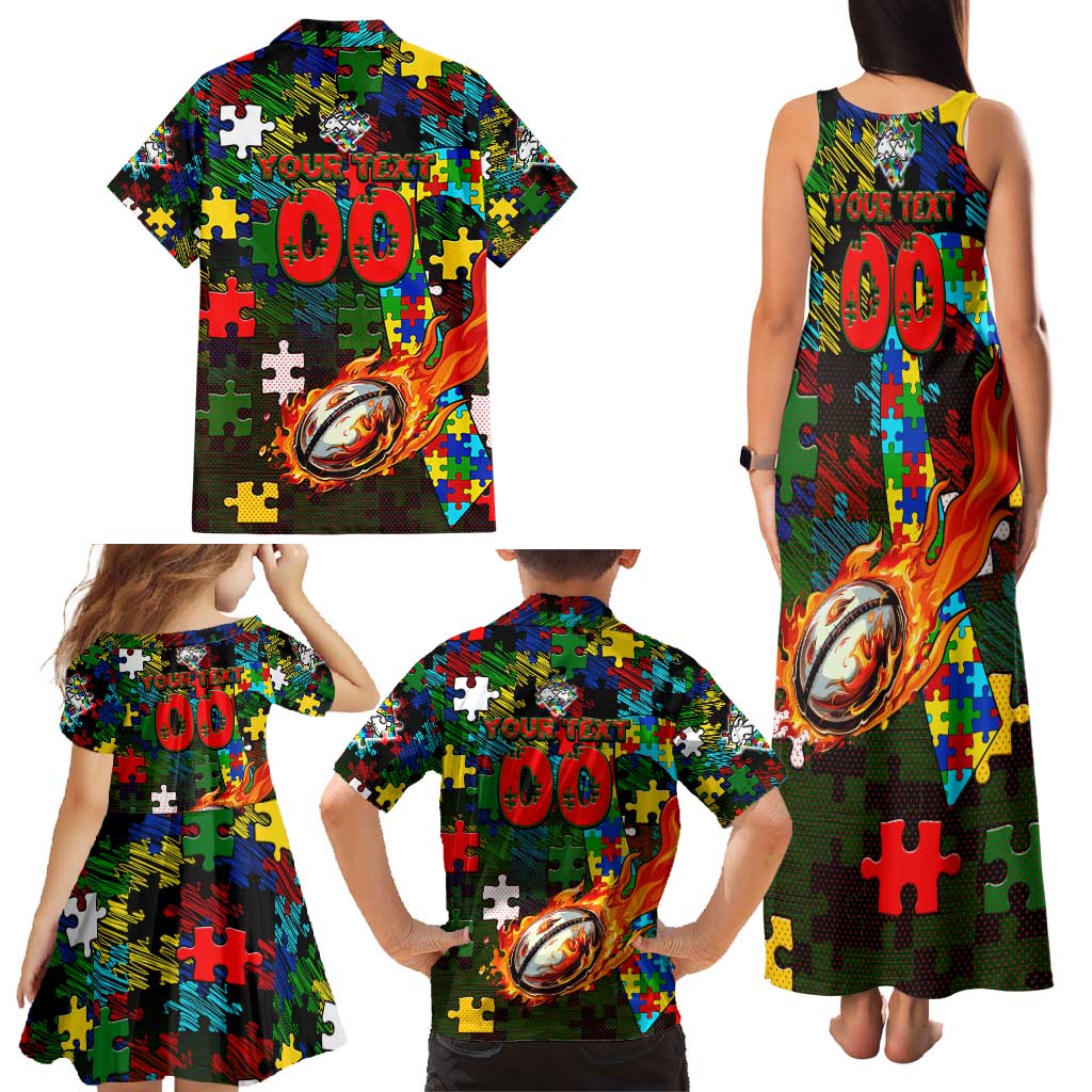 Rabbitohs Autism Awareness Family Matching Tank Maxi Dress and Hawaiian Shirt Puzzle Flames Rugby Ball