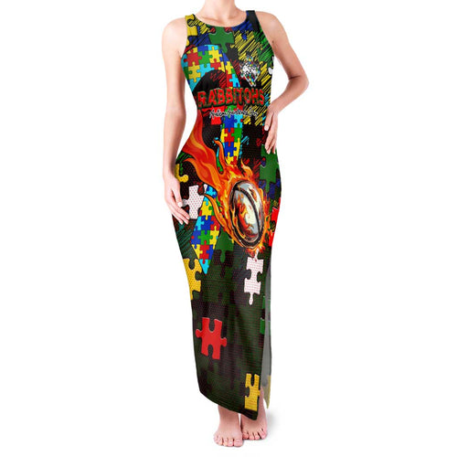 Rabbitohs Autism Awareness Family Matching Tank Maxi Dress and Hawaiian Shirt Puzzle Flames Rugby Ball