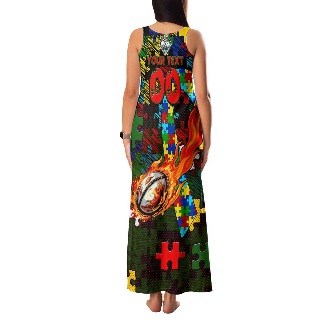 Rabbitohs Autism Awareness Family Matching Tank Maxi Dress and Hawaiian Shirt Puzzle Flames Rugby Ball