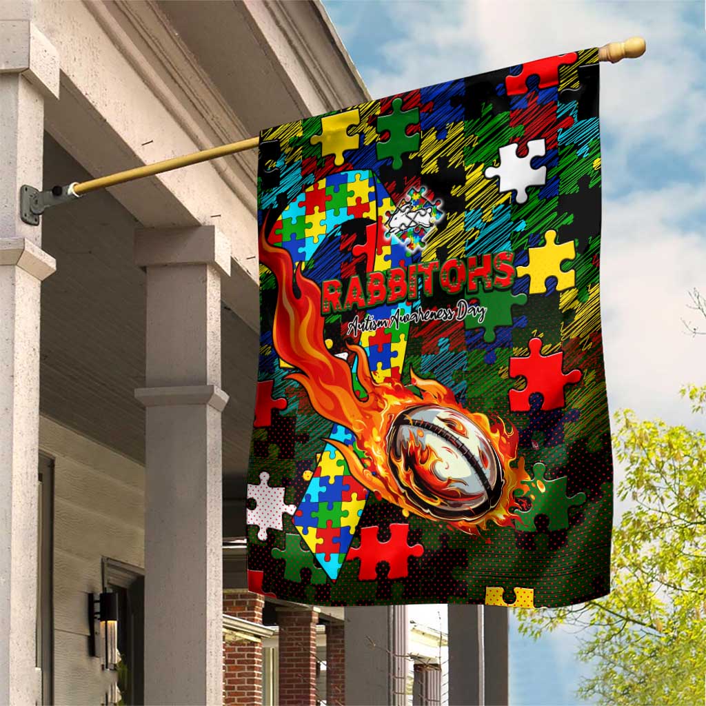 Rabbitohs Autism Awareness Garden Flag Puzzle Flames Rugby Ball