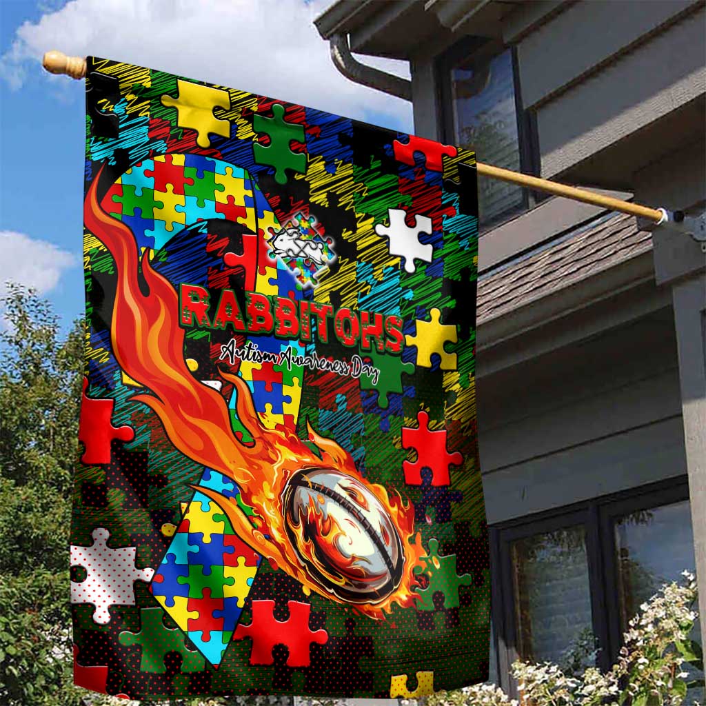 Rabbitohs Autism Awareness Garden Flag Puzzle Flames Rugby Ball