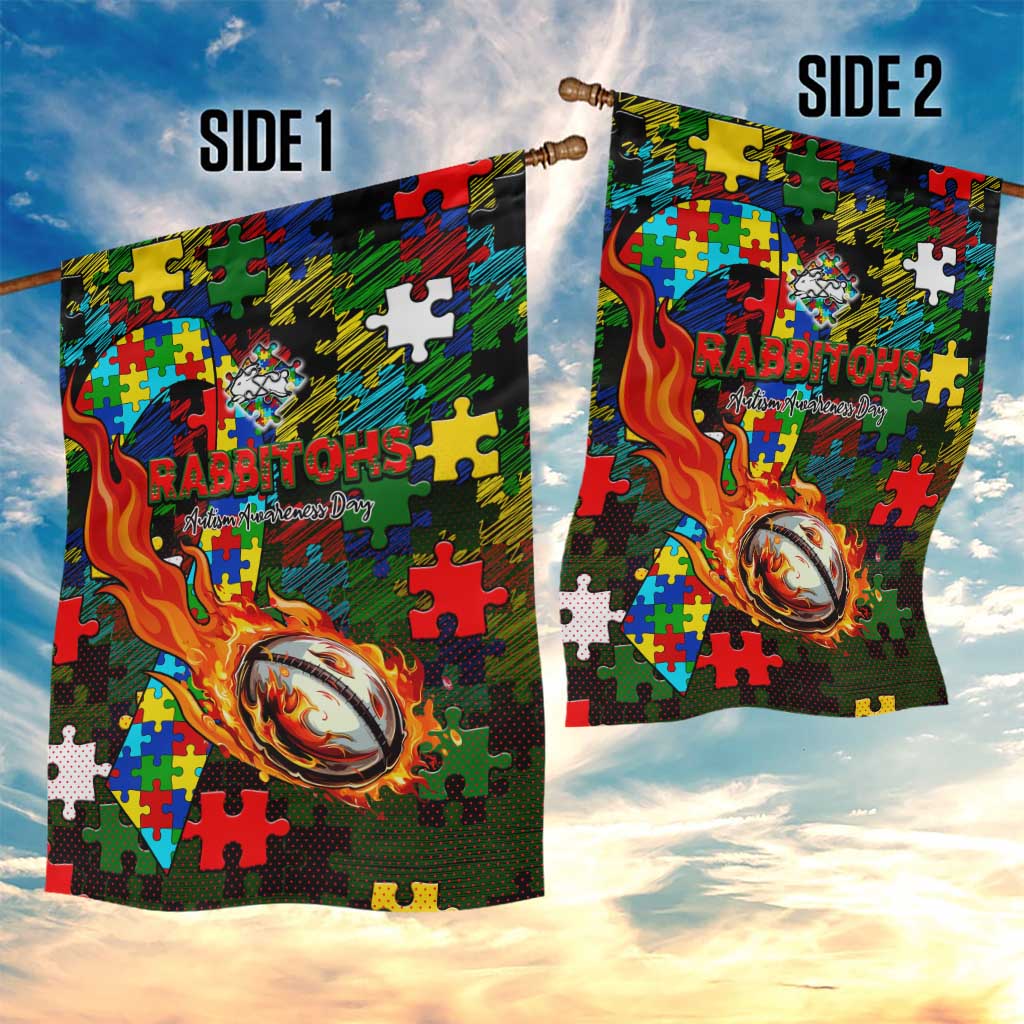 Rabbitohs Autism Awareness Garden Flag Puzzle Flames Rugby Ball