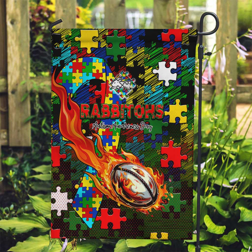 Rabbitohs Autism Awareness Garden Flag Puzzle Flames Rugby Ball