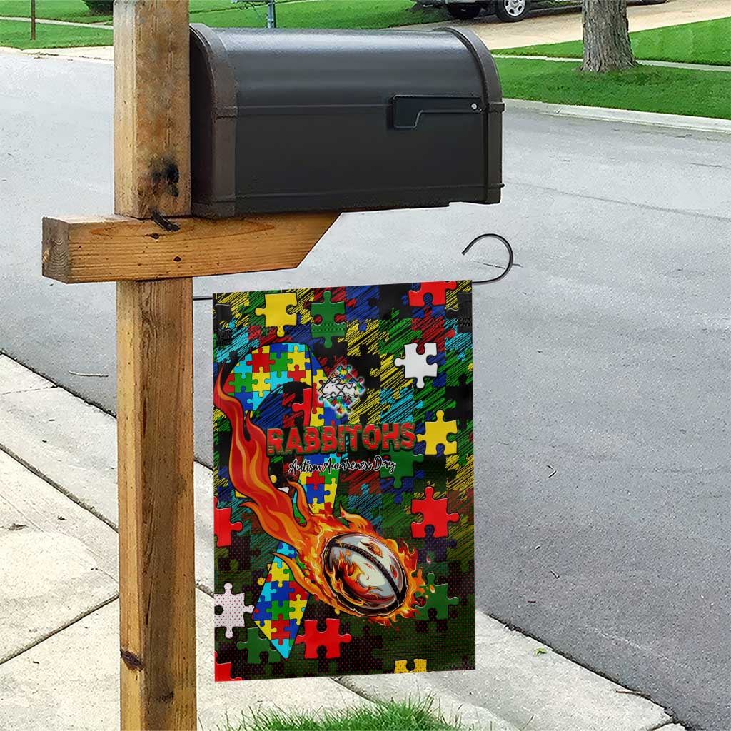 Rabbitohs Autism Awareness Garden Flag Puzzle Flames Rugby Ball
