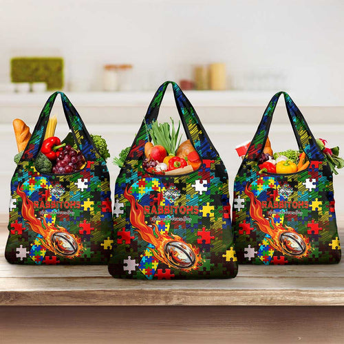 Rabbitohs Autism Awareness Grocery Bag Puzzle Flames Rugby Ball