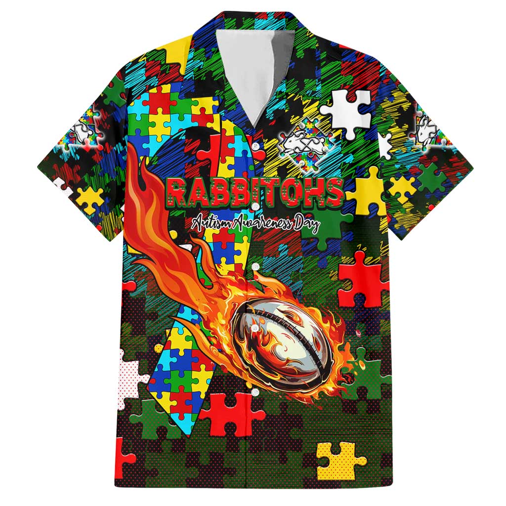 Rabbitohs Autism Awareness Hawaiian Shirt Puzzle Flames Rugby Ball